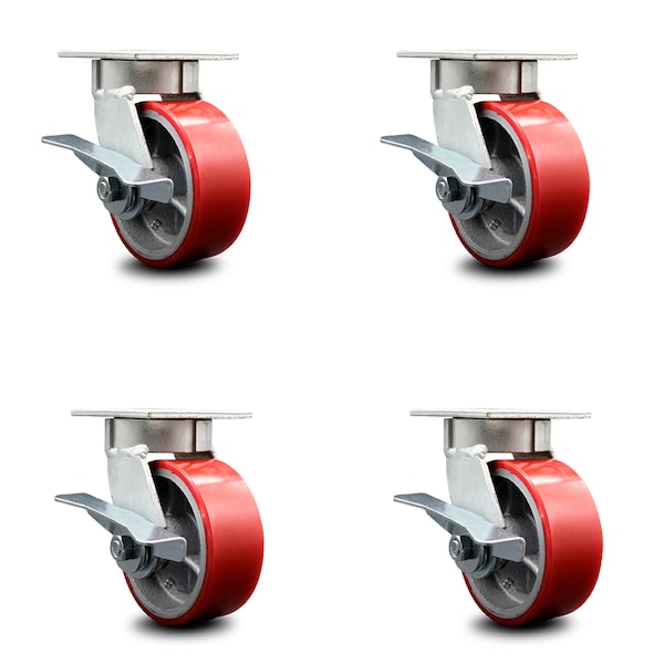 5 Inch Kingpinless Red Poly on Steel Wheel Swivel Caster Set with Brakes SCC